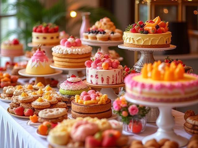 Beautifully arranged dessert table with colorful cakes, pastries, and fruits