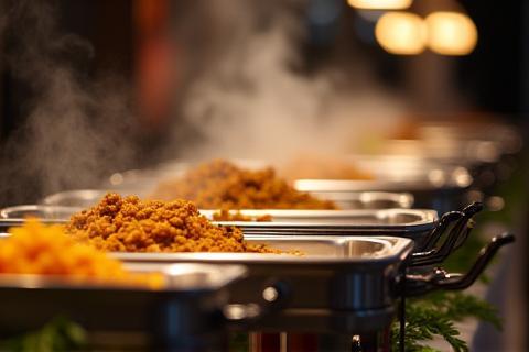 Professional buffet setup with chafing dishes and food warmers